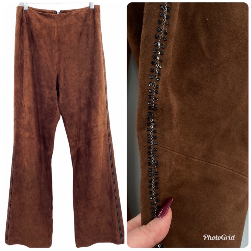 PAMELA DENNIS | Brown Leather Beaded trim Suede Pants
